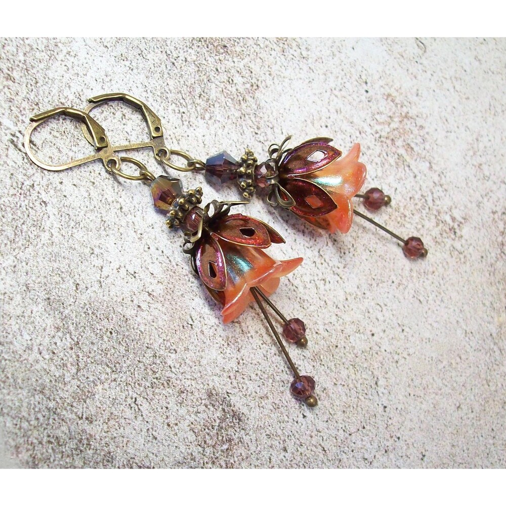 Boho Floral Vintage Earrings, Antique Bronze, Artisan Crafted Flower Jewelry